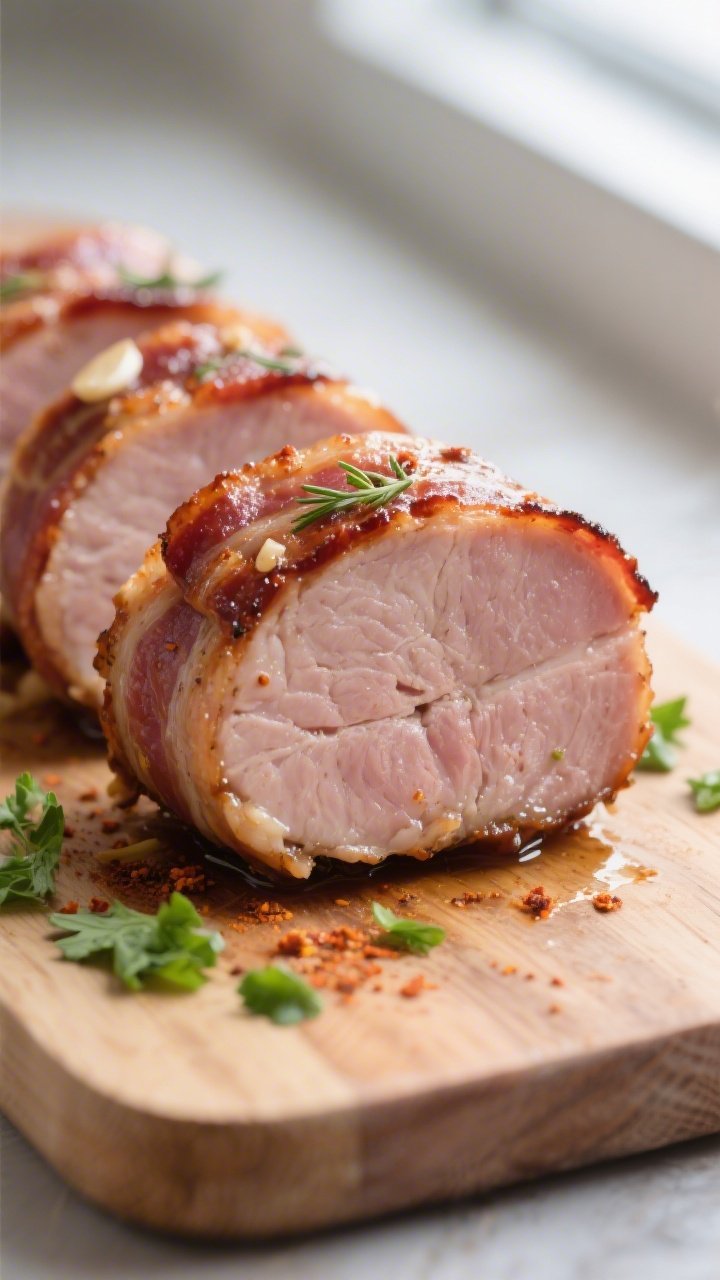Close-up detail shot of bacon-wrapped pork tenderloin medallions just after slicing, showing glisten