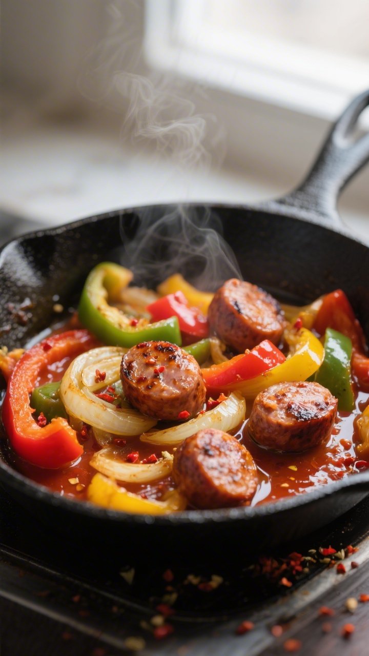 Close-up detail shot of caramelized Italian sausage coins nestled among tender-crisp sautéed bell p