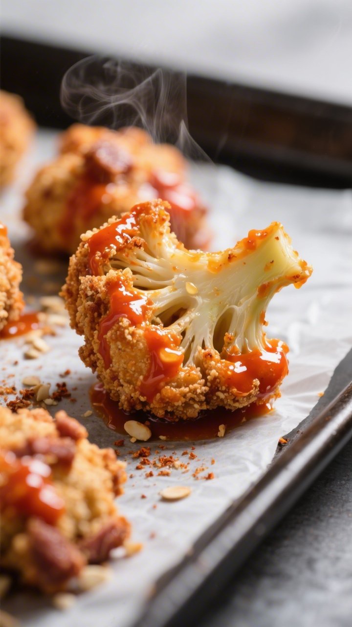 Close-up detail shot of freshly baked keto buffalo cauliflower bites just after the sauce set in the