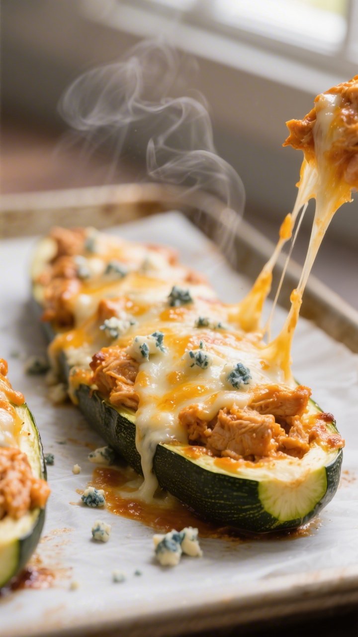 Close-up detail shot of freshly baked keto buffalo chicken stuffed zucchini boats just out of the ov