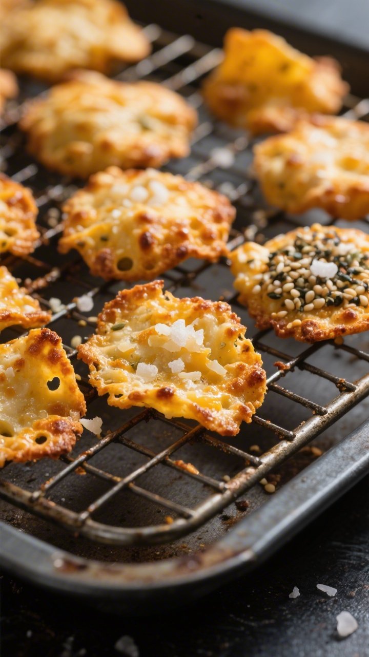 Close-up detail shot of freshly baked Keto Crunchy Cheese Chip Snack Bites cooling on a wire rack, e