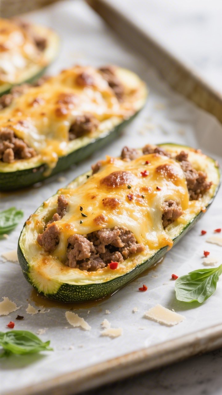 Close-up detail shot of freshly baked keto stuffed zucchini boats just out of the oven: cheese melte