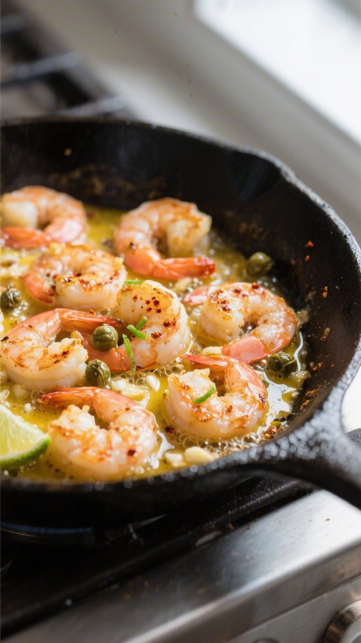 Close-up detail shot of sizzling cooked shrimp in a skillet during the sauce-building step: golden s