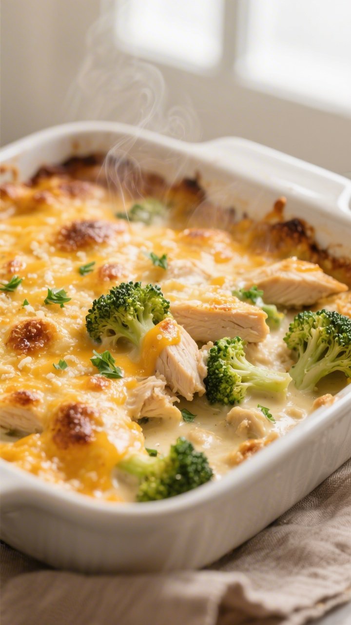 Close-up detail shot of the baked Keto Cheesy Broccoli Chicken Casserole just out of the oven: golde