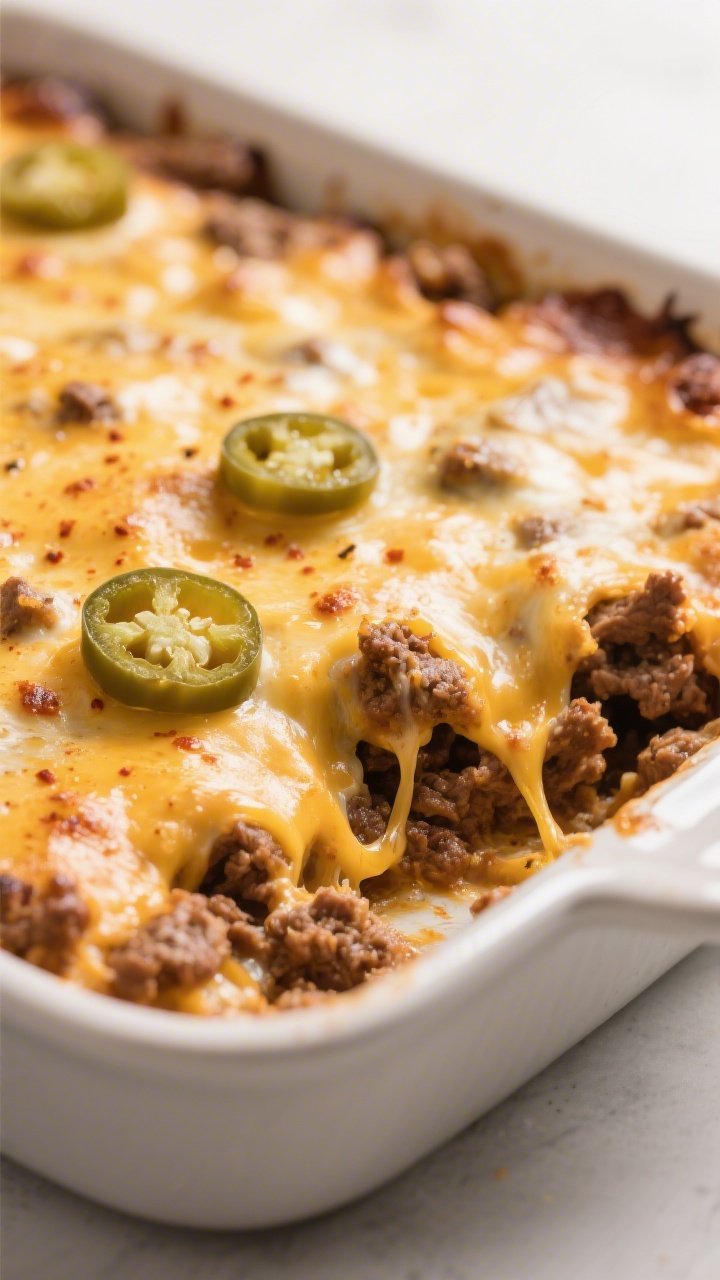 Close-up detail shot of the baked Keto Ground Beef Taco Casserole just out of the oven, showing bubb
