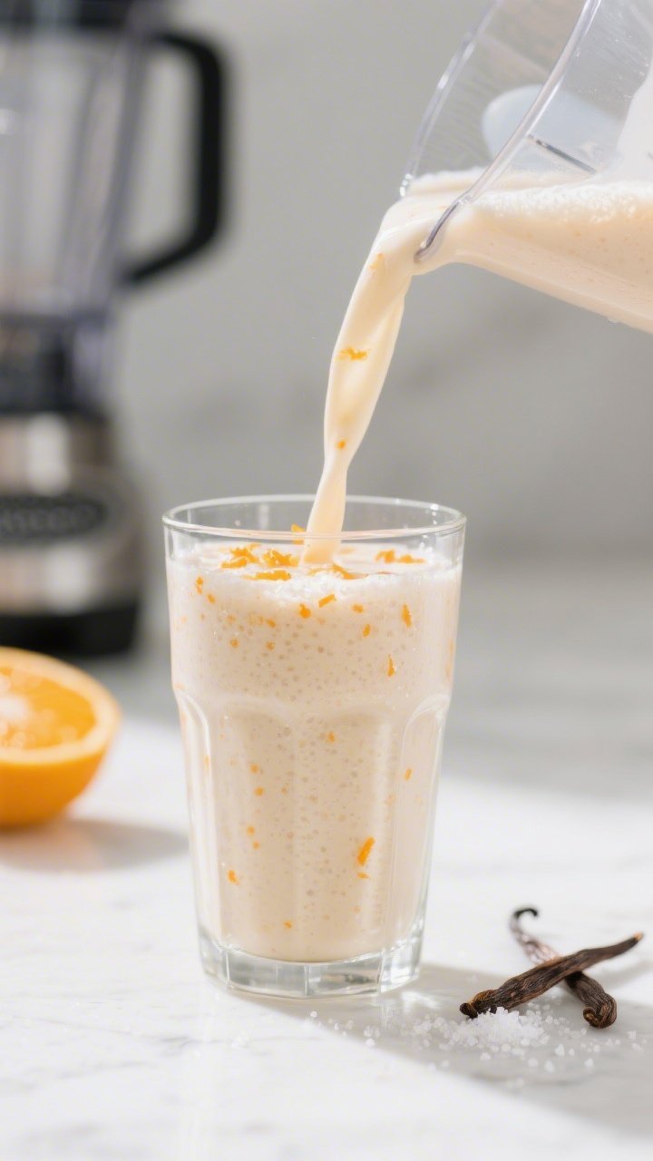 Close-up detail shot of the finished Orange Creamsicle Keto Protein Smoothie being poured from a ble