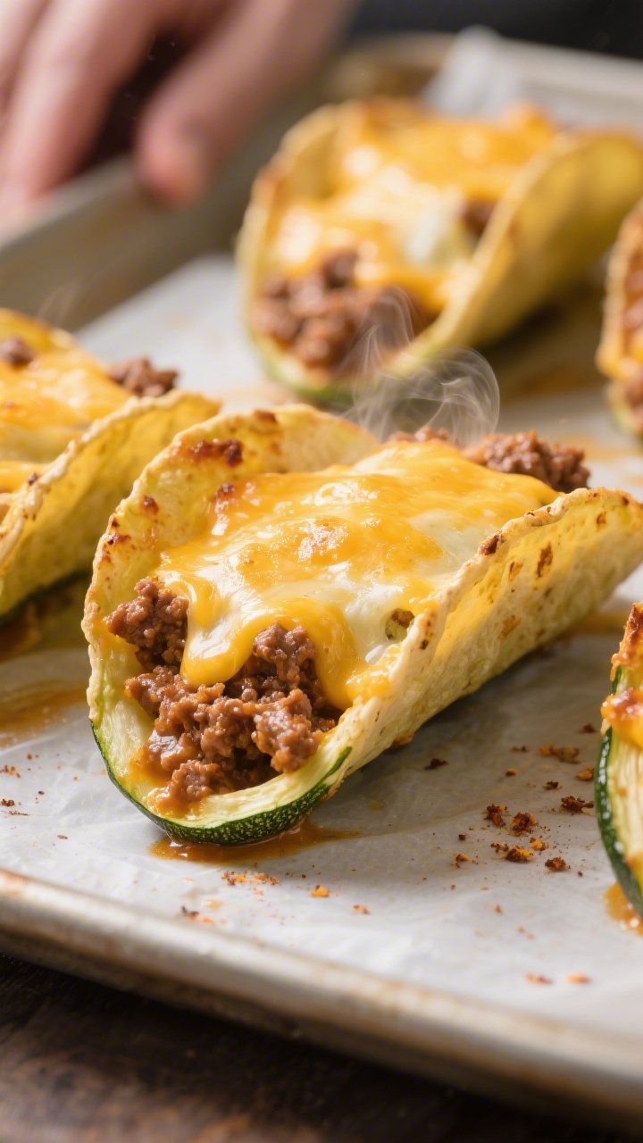 Close-up detail shot of zucchini taco boats just out of the oven: golden, bubbly melted cheddar–Mo