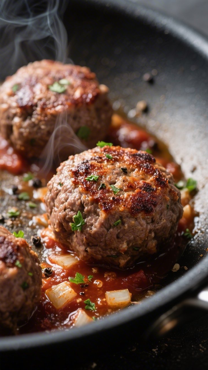 Close-up detail shot: Searing keto beef meatballs in a large skillet, browned crust forming on two s