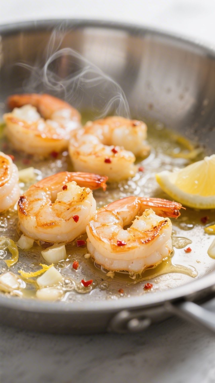 Close-up detail shot: Searing lemon-garlic shrimp in a stainless steel skillet, mid-cook, showing go