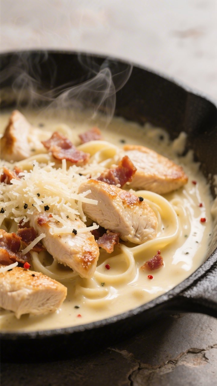 Close-up detail shot: Silky Alfredo sauce in a skillet as freshly grated Parmesan melts in, showing 