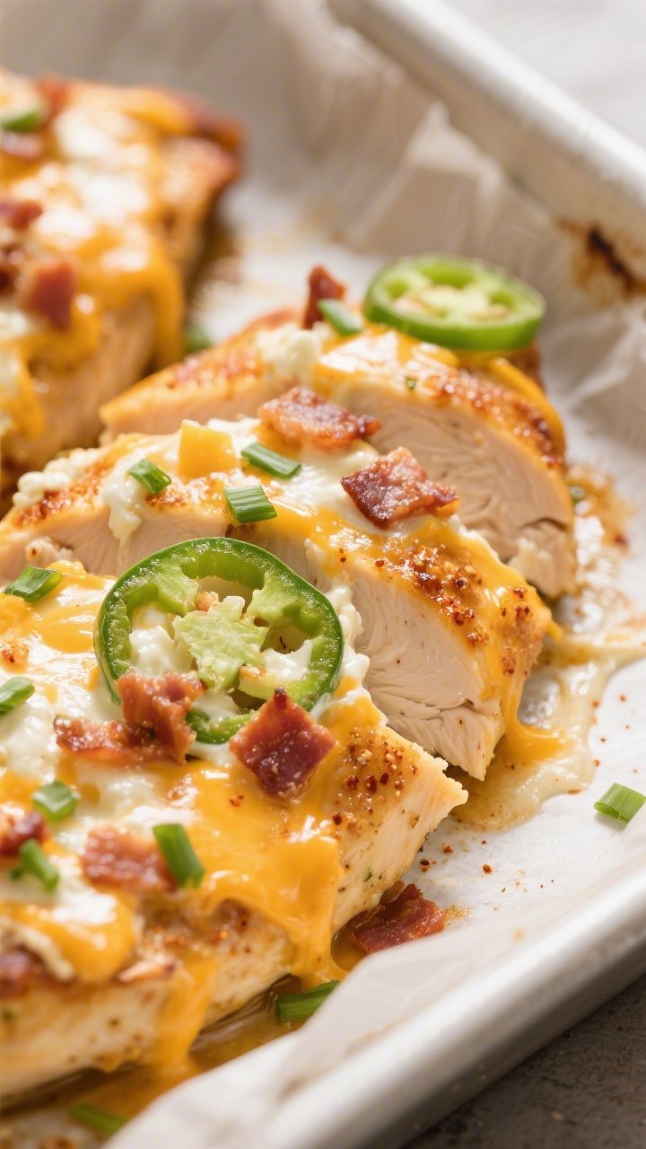 Close-up detail shot: Sliced Keto Jalapeño Popper Chicken just out of the oven, showing juicy seare