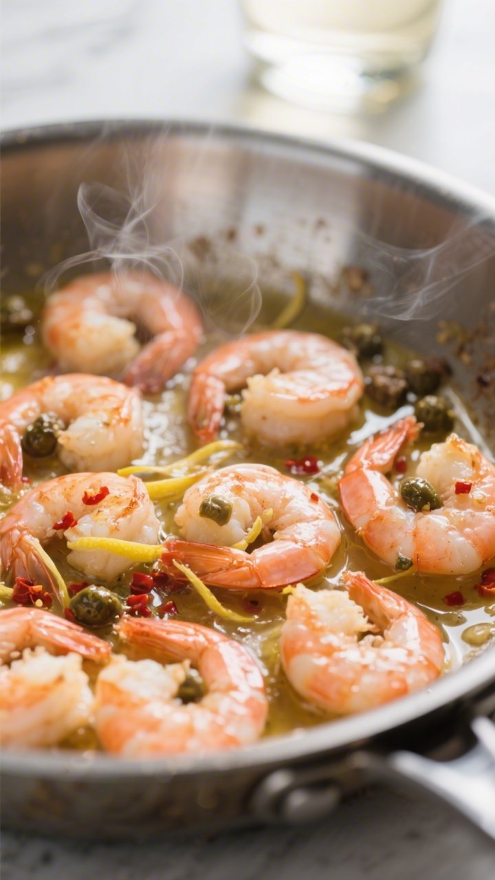 Close-up detail: Shrimp scampi in a stainless-steel skillet mid-cook, showing plump pink shrimp just
