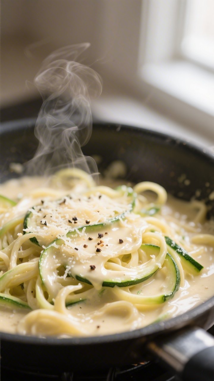 Close-up detail: Silky Alfredo sauce clinging to just-tender sautéed zucchini noodles in a skillet,