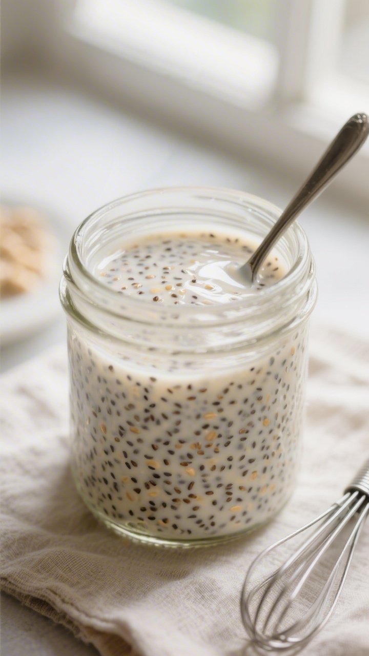 Close-up detail: Silky vanilla chia pudding mid-set in a clear mason jar after the second stir, show