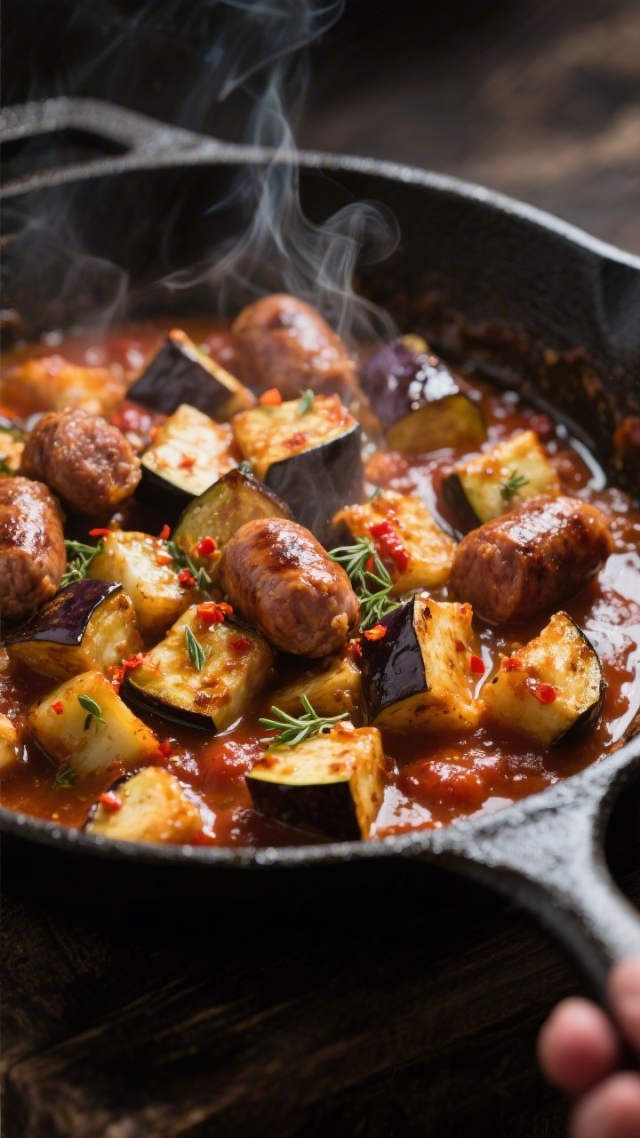 Close-up detail: Sizzling Italian sausage and browned eggplant cubes in a cast-iron skillet mid-simm