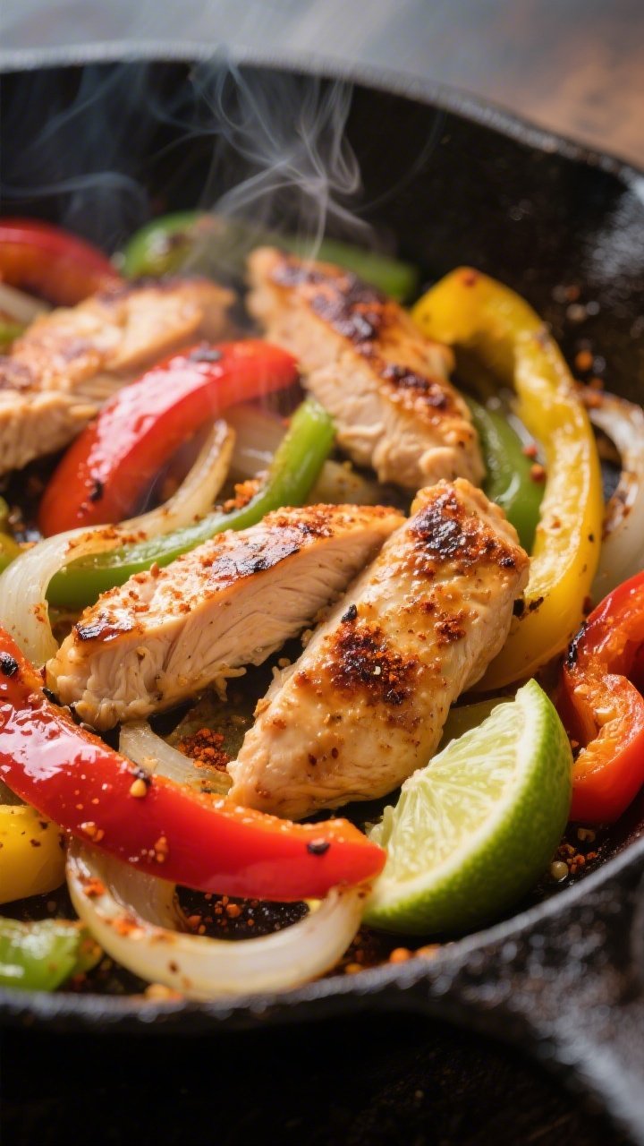 Close-up detail: Sizzling keto chicken fajitas in a cast-iron skillet mid-cook, showing browned, jui