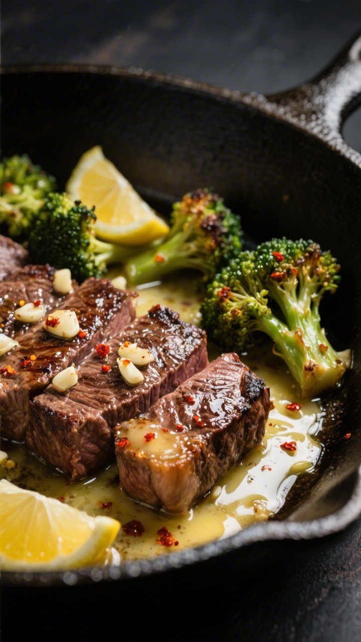Close-up detail: Sizzling keto garlic butter steak and broccoli in a large cast-iron skillet, steak 