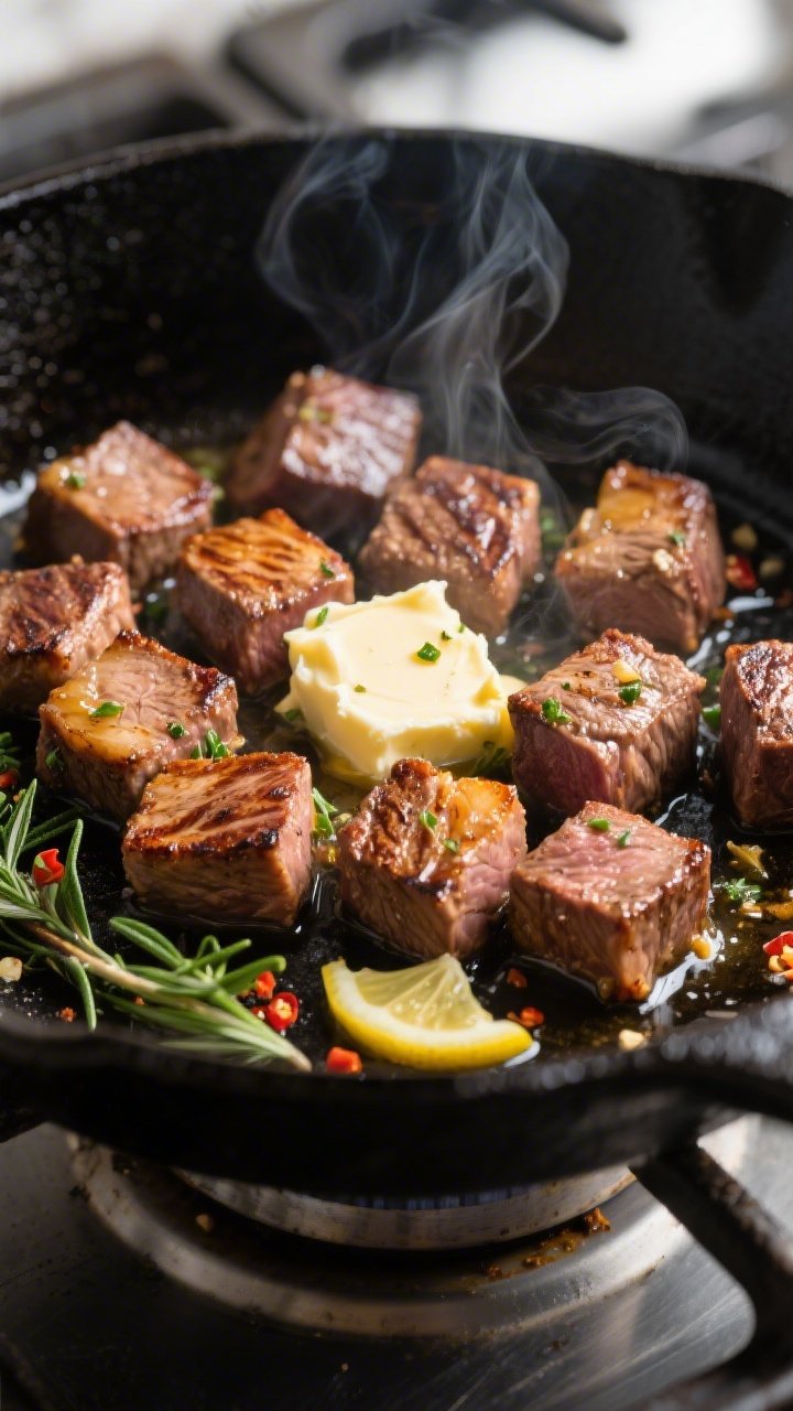 Close-up detail: Sizzling keto garlic butter steak bites searing in a black cast-iron skillet, golde