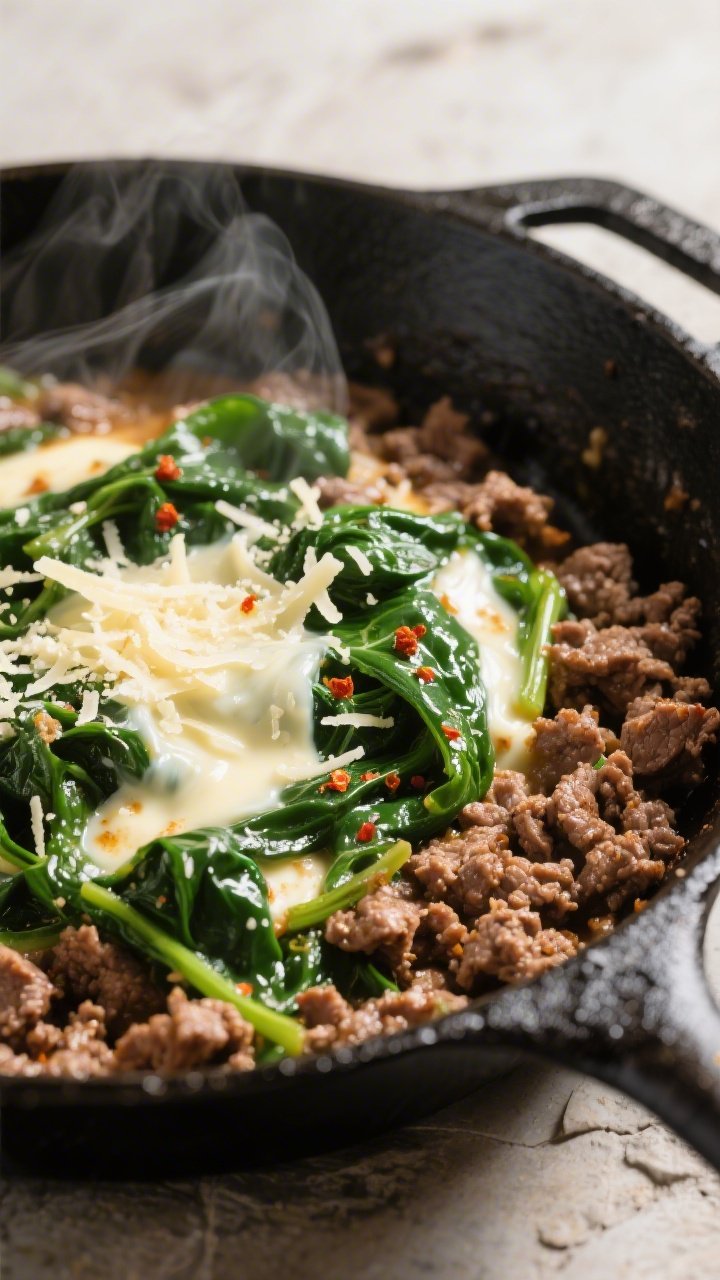 Close-up detail: Sizzling keto ground beef and spinach skillet mid-cook, browned beef crumbles with 
