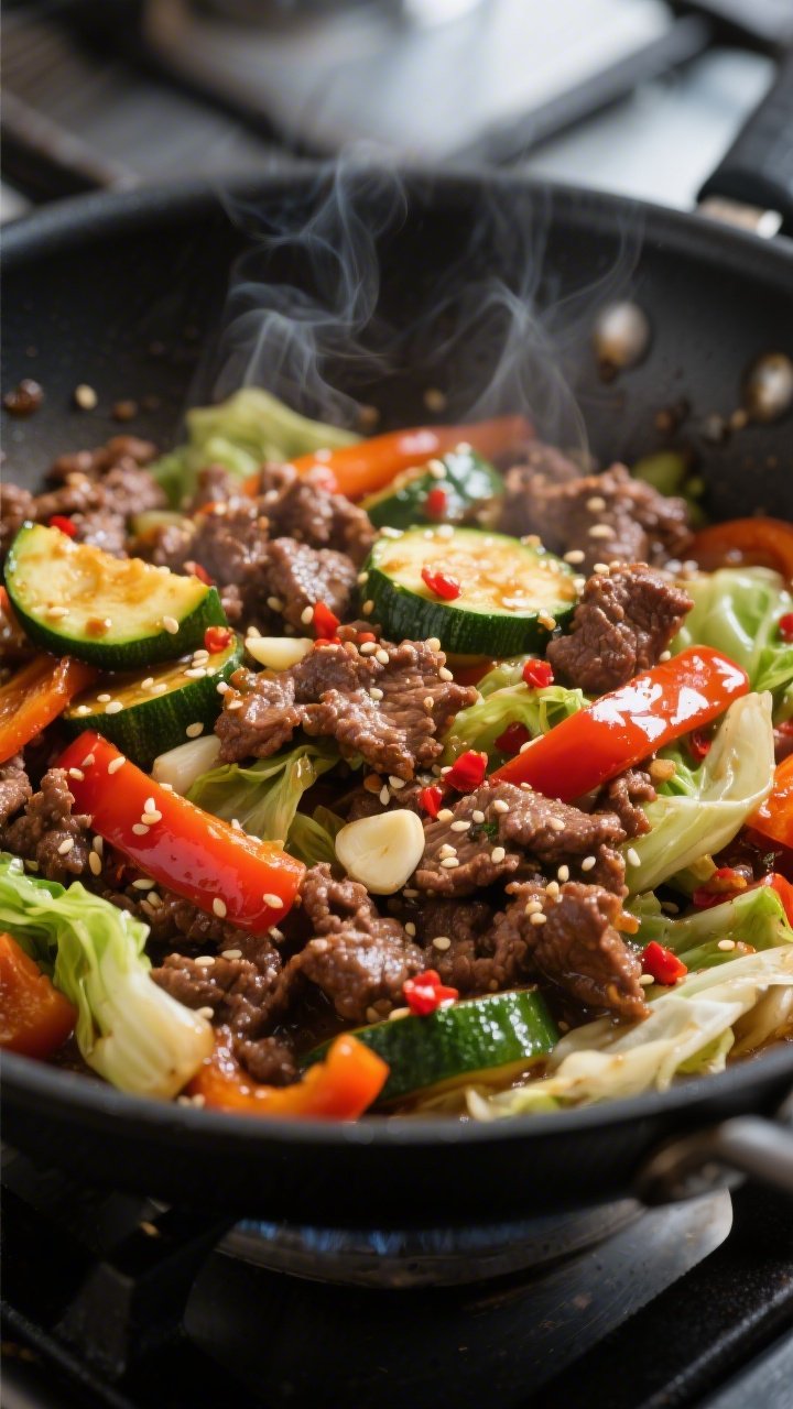 Close-up detail: Sizzling keto ground beef stir fry mid-cook in a dark carbon-steel skillet, showing