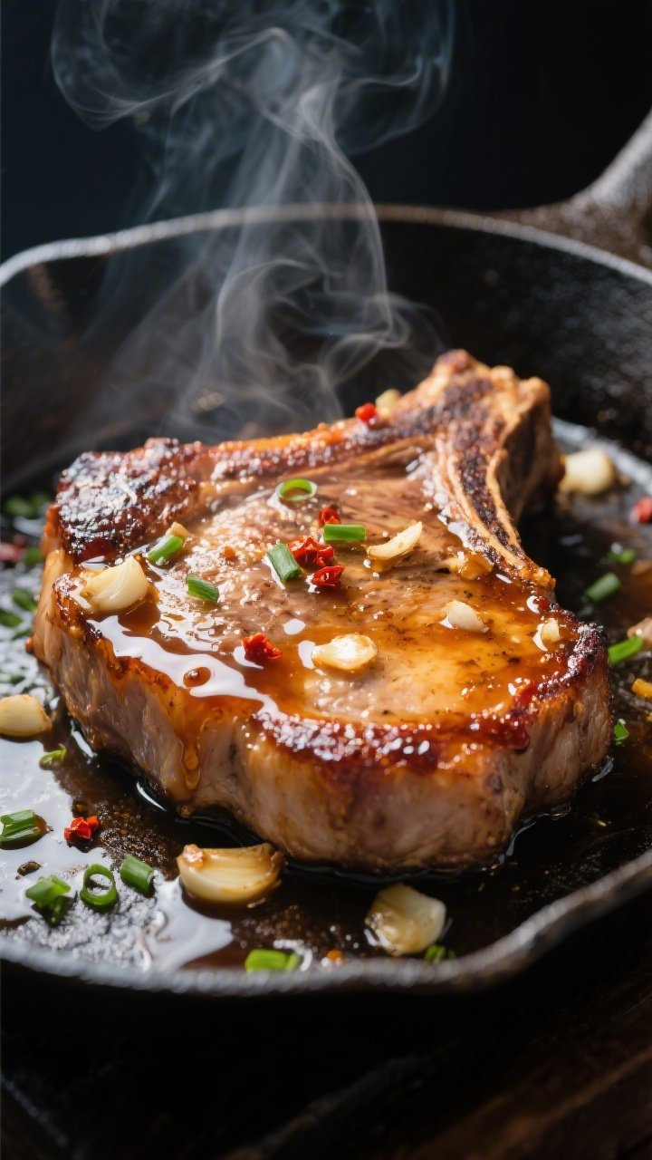 Close-up detail: Sizzling keto honey garlic pork chops finishing in a cast-iron skillet, sauce reduc