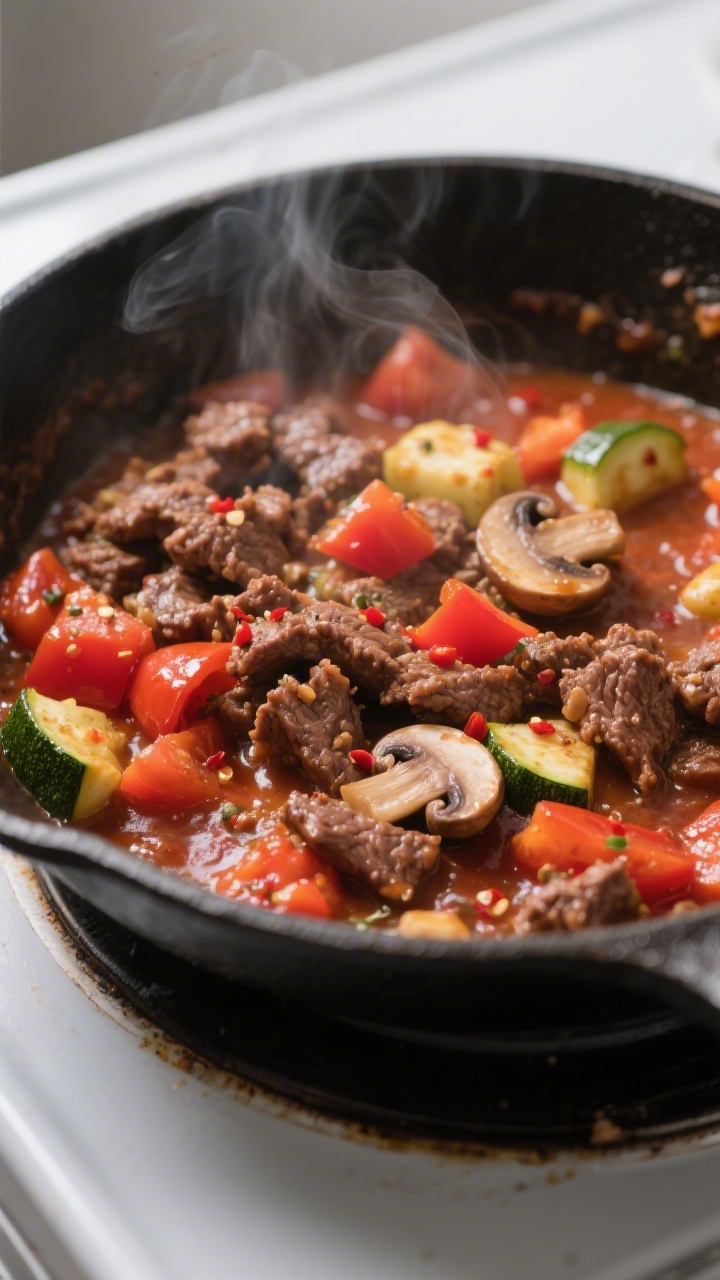 Close-up detail: Sizzling Keto Italian Beef Skillet mid-cook, browned crumbles of beef tossed with s