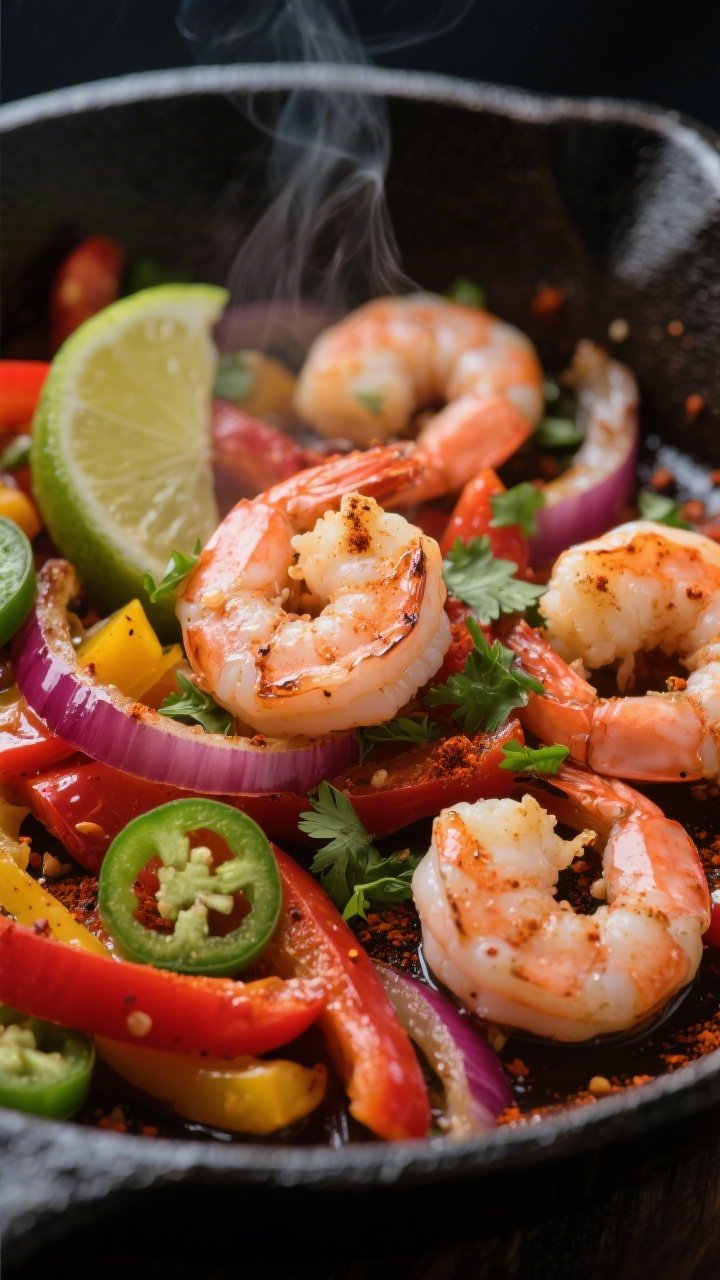 Close-up detail: Sizzling keto shrimp fajitas in a hot cast-iron skillet, shrimp just turned pink an