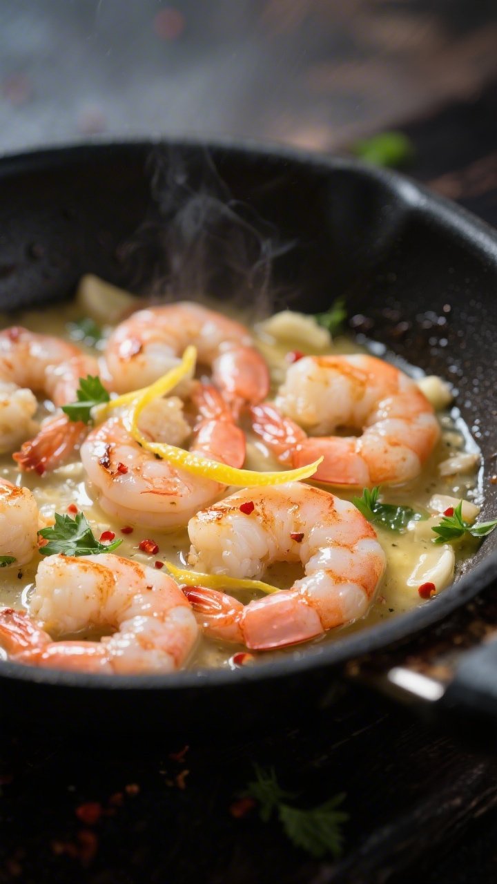 Close-up detail: Sizzling lemon-butter shrimp in a hot skillet mid-cook, shrimp just opaque with pin