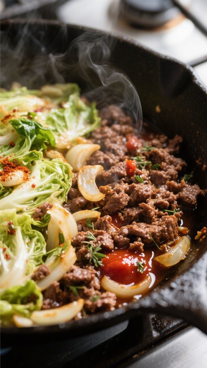 Close-up detail: Sizzling one-pan keto ground beef and cabbage mid-cook in a wide cast-iron skillet,