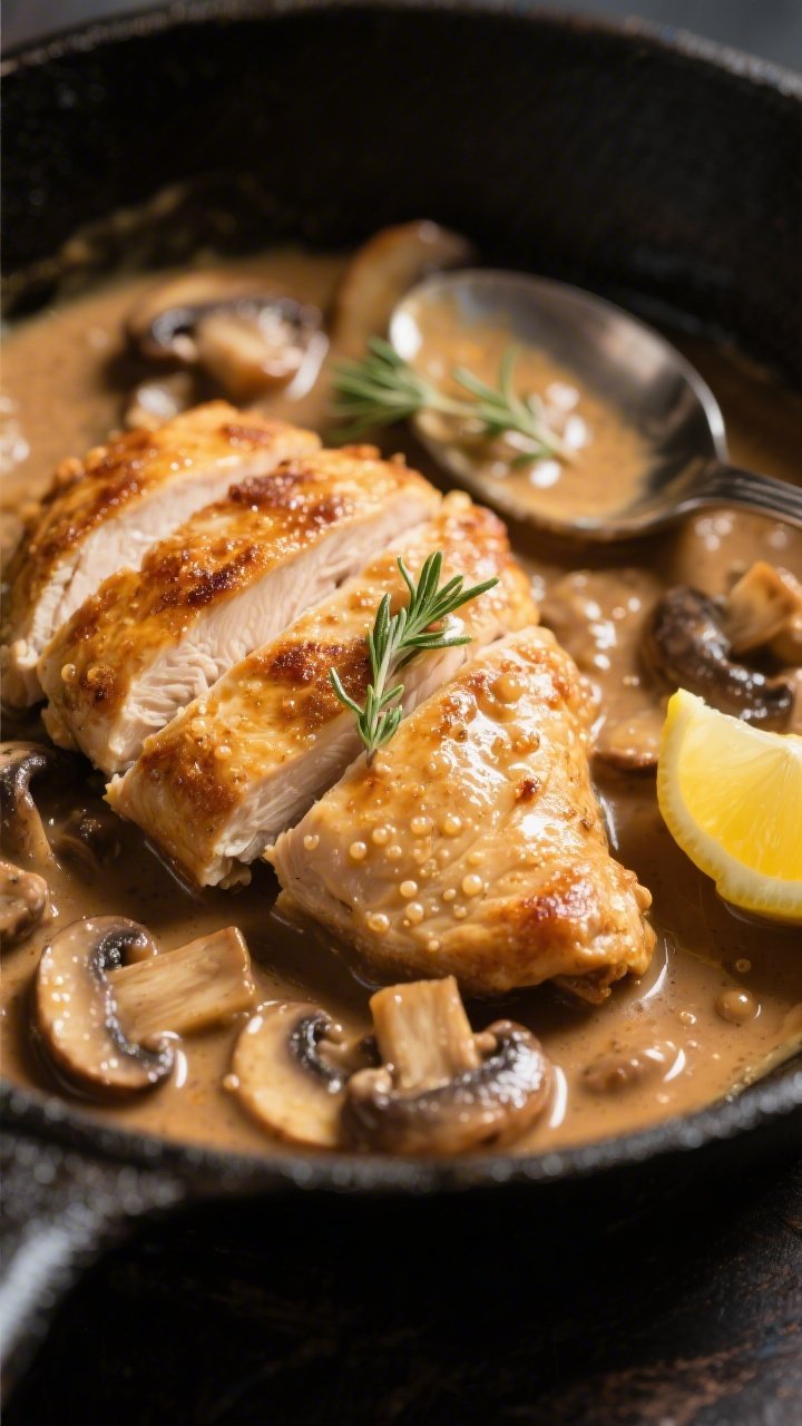 Close-up detail: Sliced, golden-brown chicken cutlets nestled in a glossy Marsala cream sauce with s