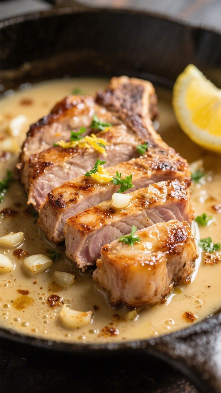 Close-up detail: Sliced keto garlic butter pork chop showing a deep golden sear and juicy interior, 