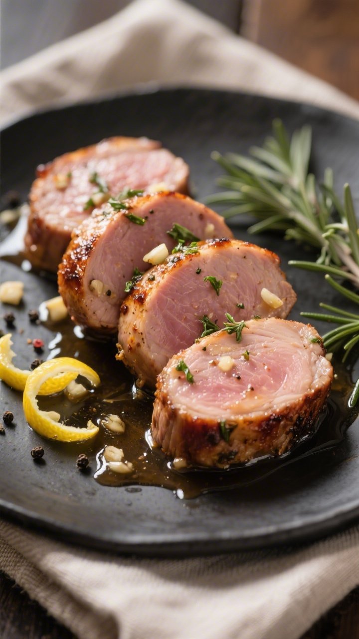 Close-up detail: Sliced keto garlic herb pork tenderloin medallions just after resting, showing a ju