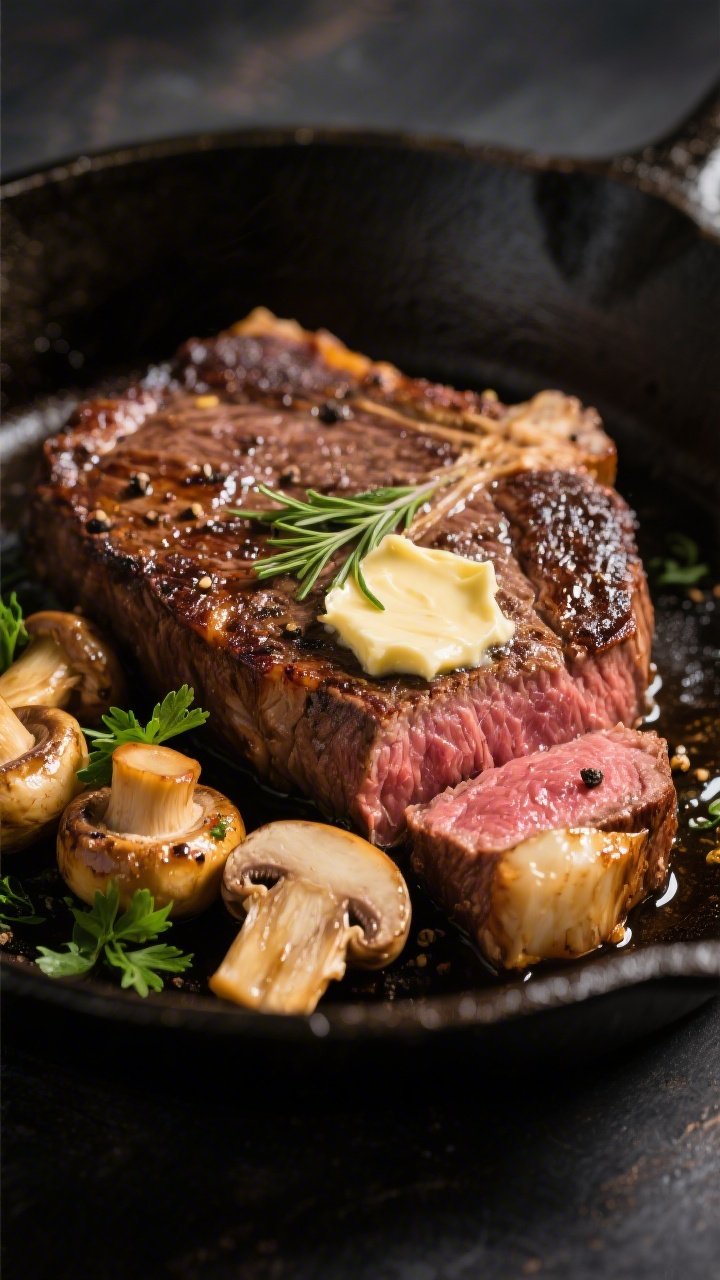 Close-up detail: Sliced medium-rare ribeye with a deep brown seared crust, glistening with pooled ga