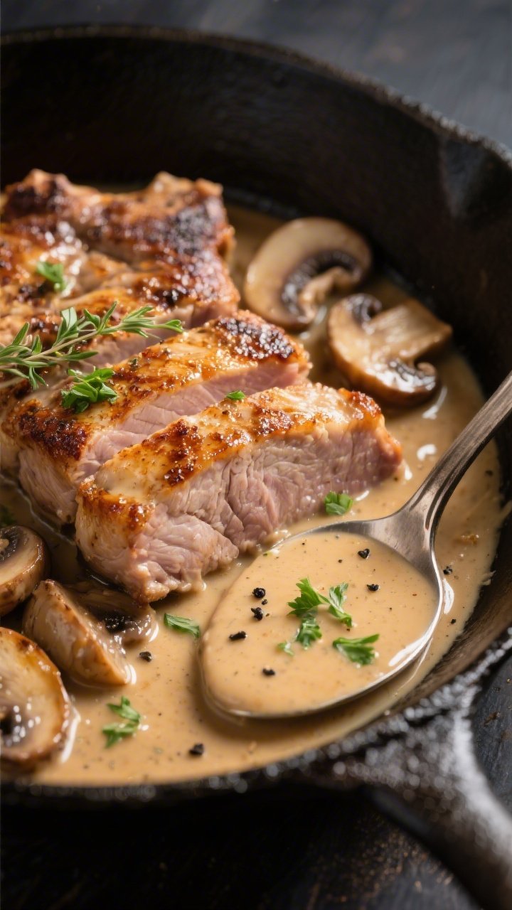 Close-up detail: Sliced, pan-seared pork chop nestled in a glossy mushroom cream sauce, showing gold