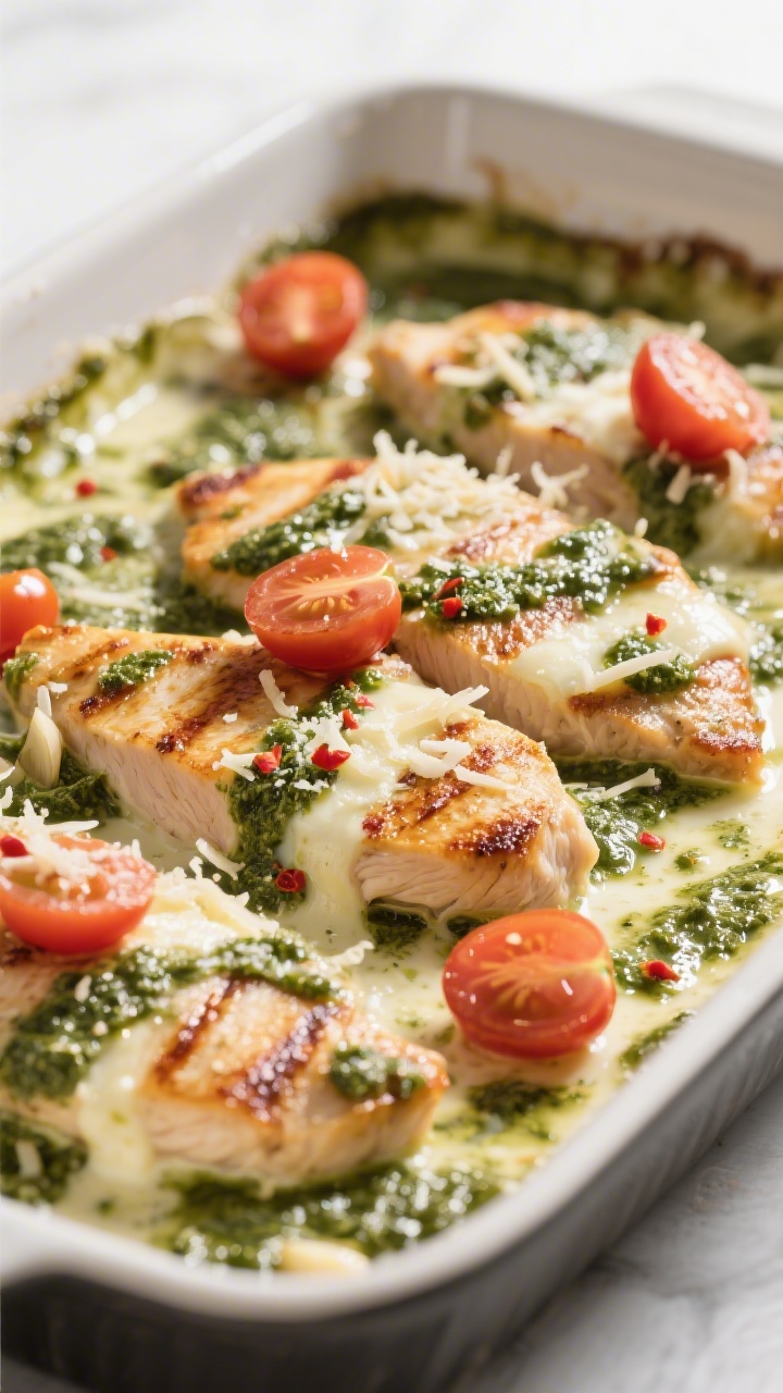 Close-up detail: Sliced seared chicken cutlets nestled in a 9x13 baking dish, coated with glossy bas