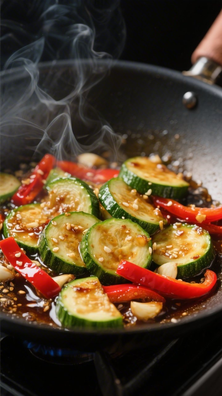 Close-up detail: Tender-crisp zucchini half-moons and thin red bell pepper strips sizzling in a wok 