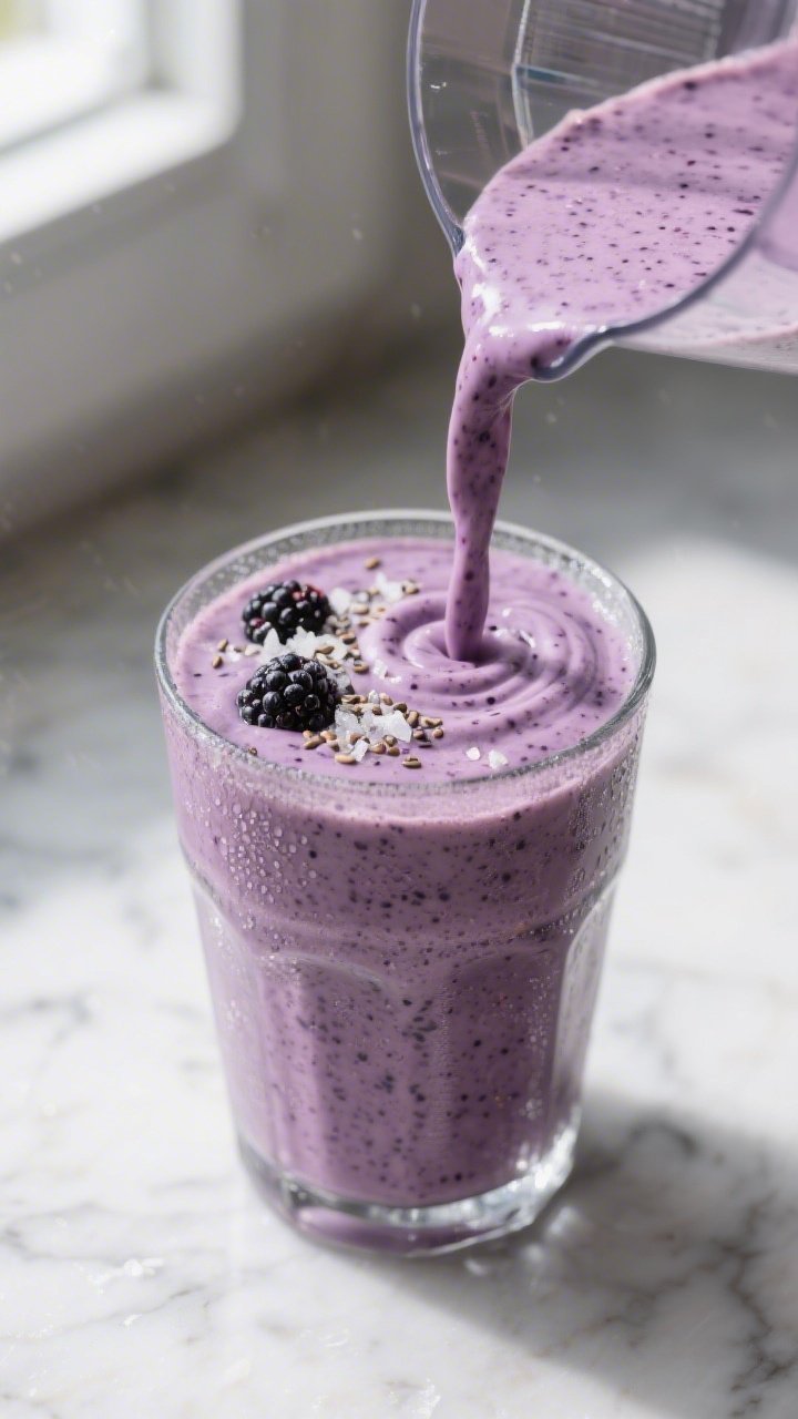 Close-up detail: Thick, creamy blackberry vanilla keto protein smoothie being poured from a blender 