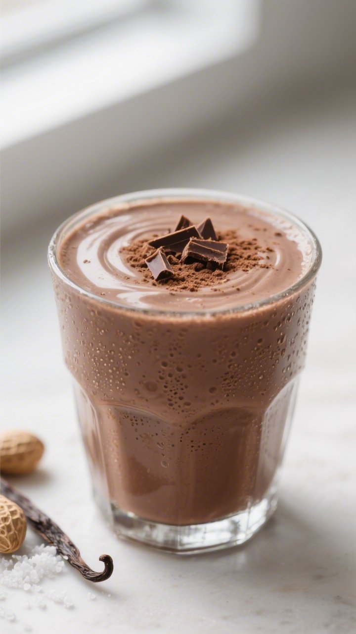 Close-up detail: Thick, creamy chocolate peanut butter keto protein smoothie just poured into a chil