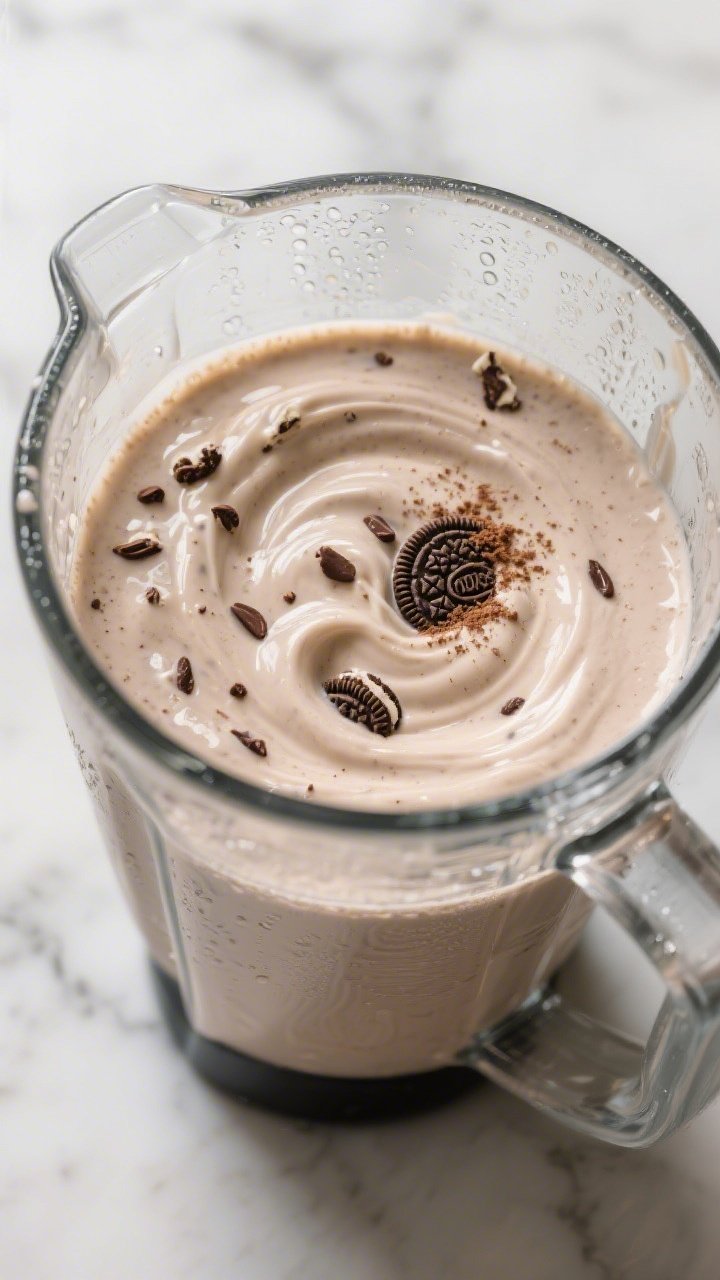 Close-up detail: Thick, creamy cookies-and-cream keto protein smoothie mid-blend in a clear high-spe