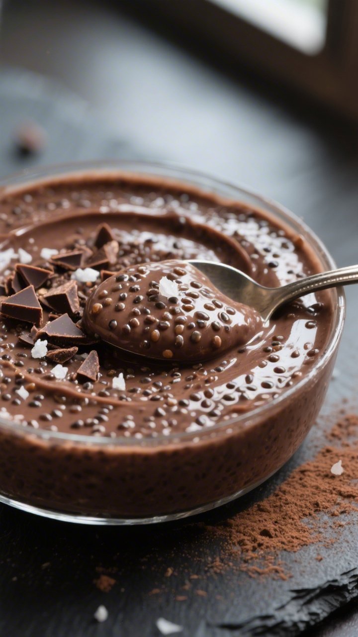 Close-up detail: Thick, creamy keto chocolate chia seed pudding just after chilling, spoon dragged t