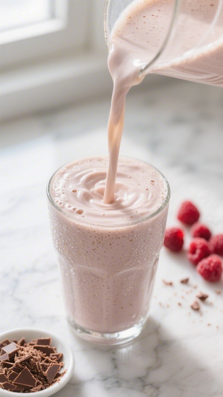 Close-up detail: Thick, creamy Raspberry White Chocolate Keto Protein Smoothie being poured into a c
