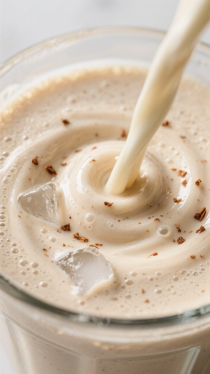Close-up detail: Thick, creamy vanilla cinnamon roll keto protein smoothie swirling in a high-speed 