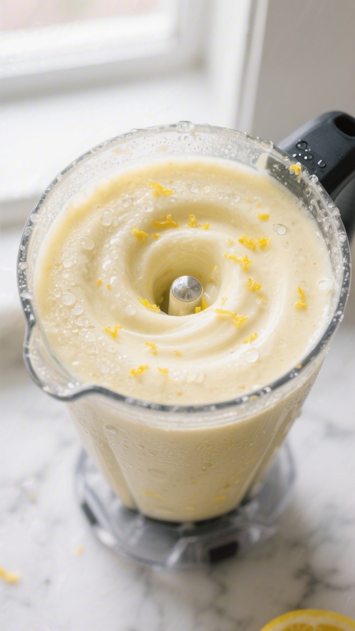 Close-up detail: Thick, frosty Lemon Cheesecake Keto Protein Smoothie mid-blend vortex in a high-spe