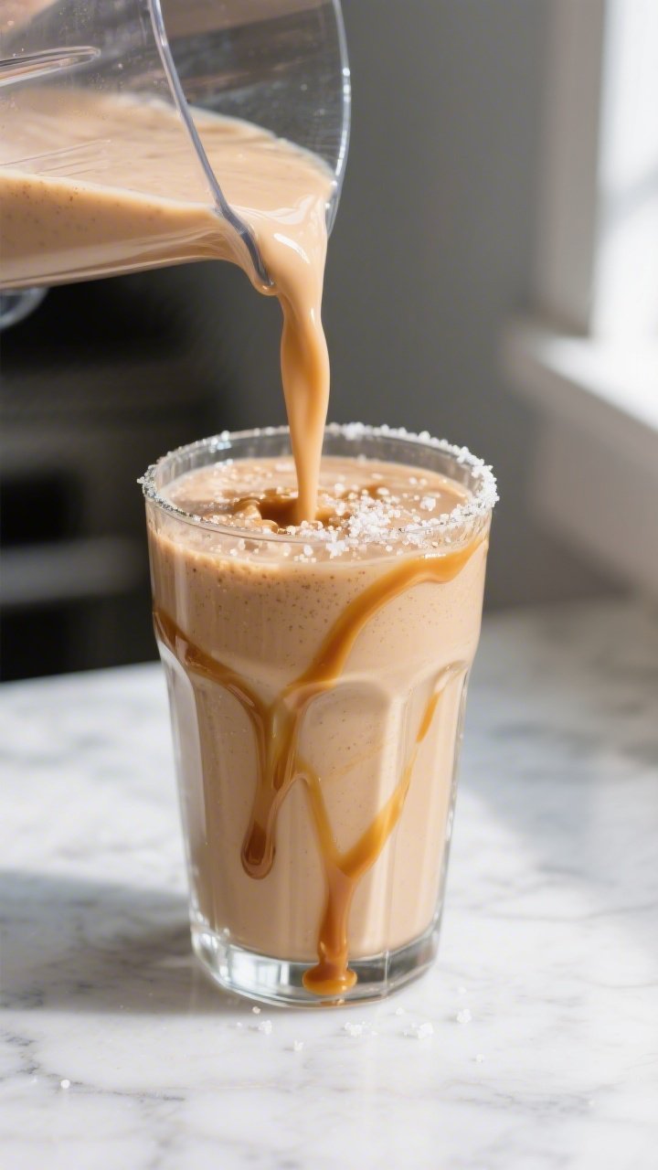 Close-up detail: Thick, milkshake-like keto salted caramel protein smoothie being poured from a blen