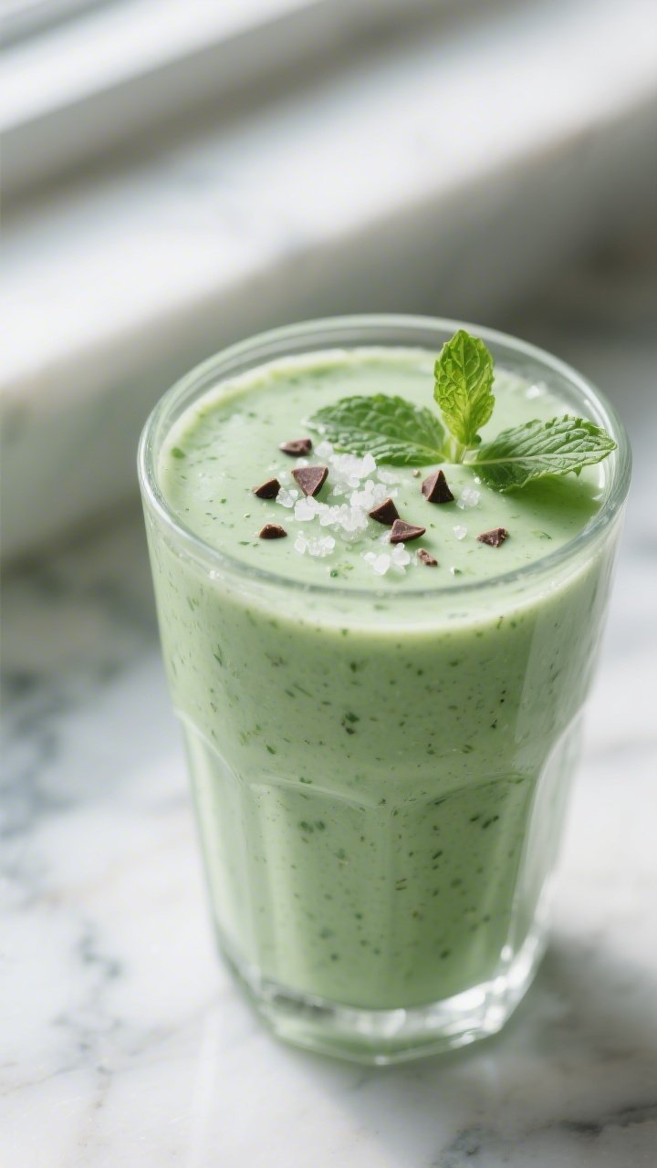 Close-up detail: Thick, mint-green keto protein smoothie just blended, with visible tiny flecks of f
