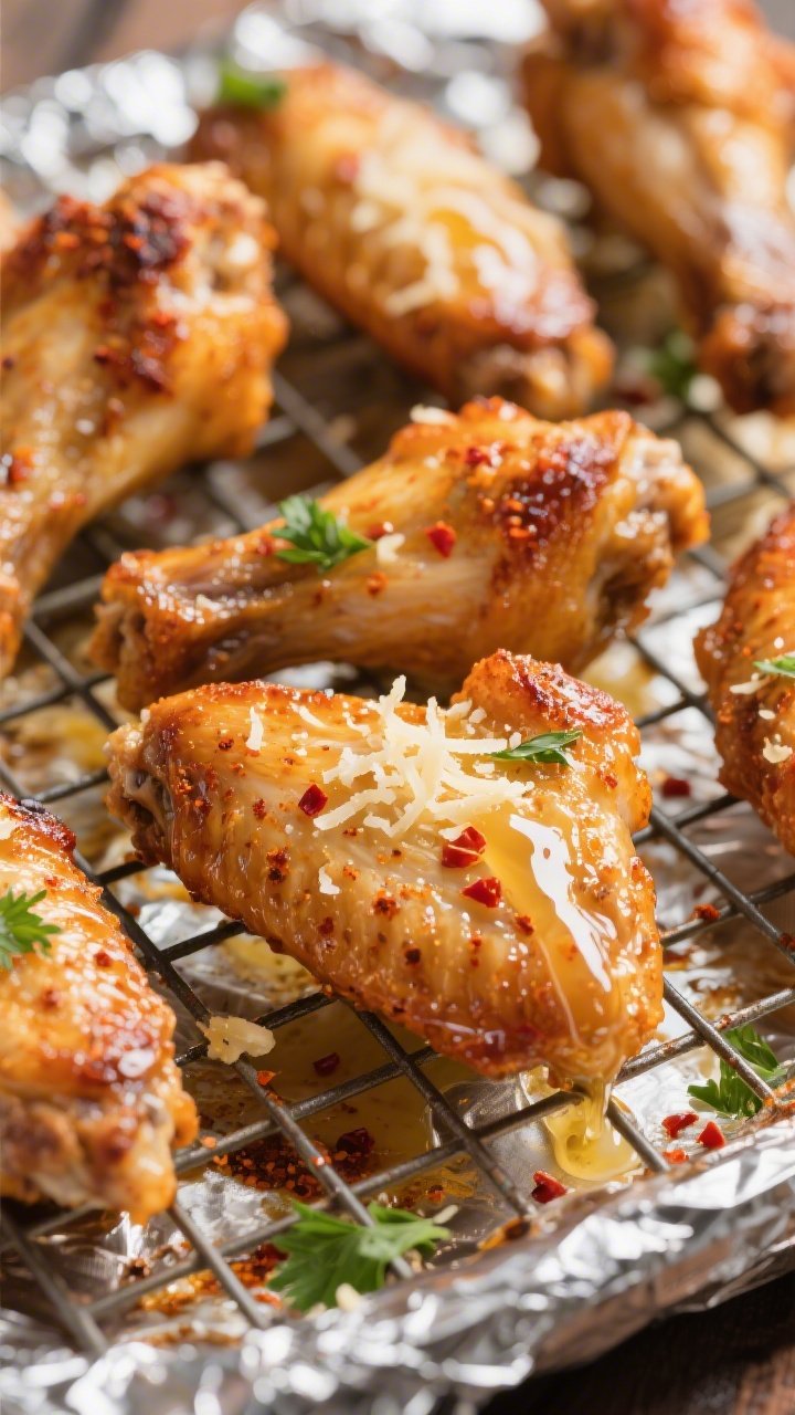 Close-up detail: Ultra-crisp baked chicken wings just out of the oven, skin blistered and deep golde