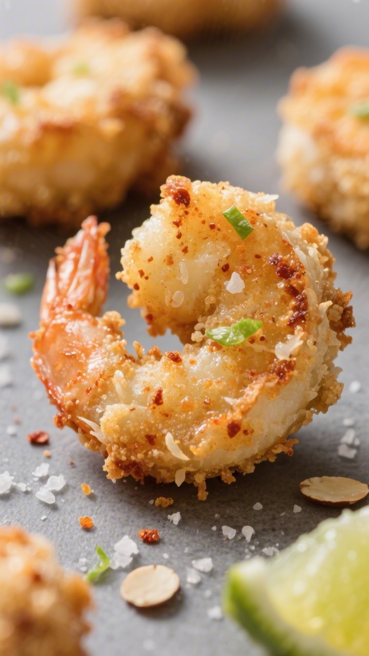 Close-up detail: Ultra-crisp keto coconut shrimp bites just out of the air fryer, golden-brown almon
