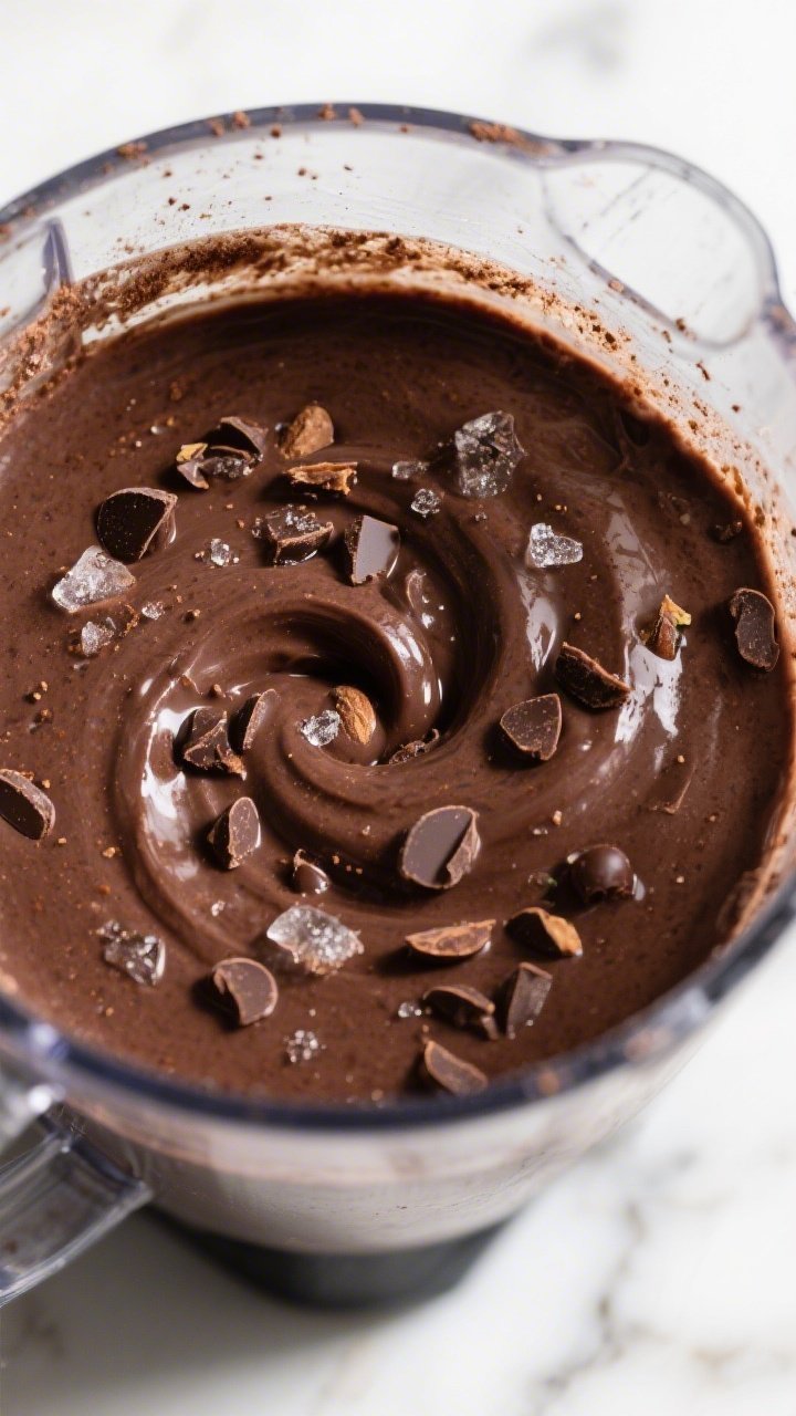 Close-up detail: Ultra-thick triple chocolate keto protein smoothie mid-blend vortex in a high-speed
