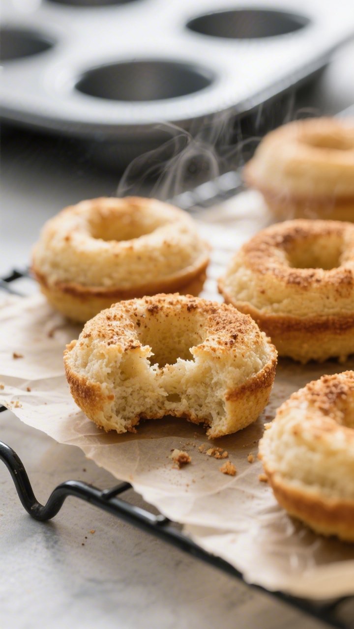 Close-up detail: Warm keto coconut flour mini donut bites just out of the oven, golden edges with a 