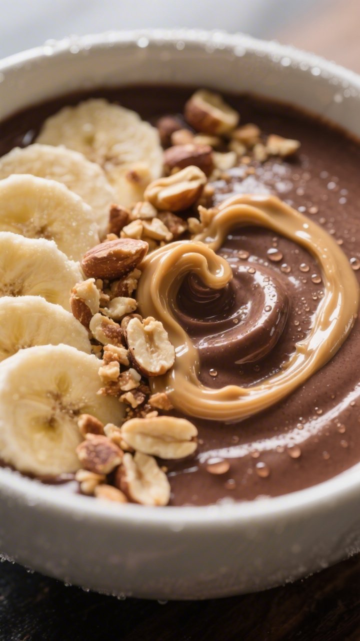 Close-up final presentation: Ultra close-up of a chocolate peanut butter variation smoothie bowl—s